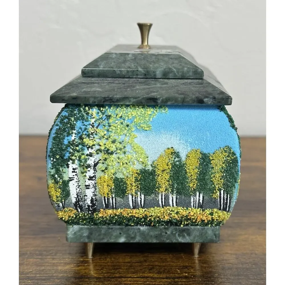 Vintage Russian Hand Painted 3D Coralene Trees Marble Footed Trinket Box Decor